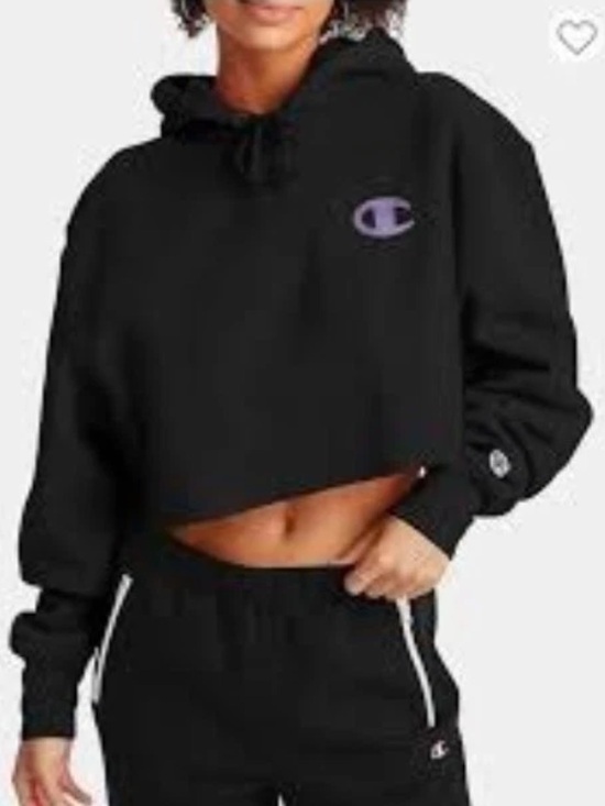 Champion Tops - Champion Women Size M Black Y2K 90s Logo Reverse Weave Cropped Hoodie